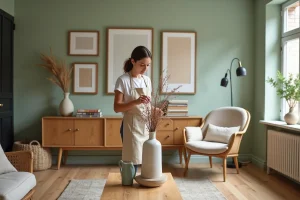 Femme décorant son salon moderne avec des plantes séchées et des accessoires en céramique dans un intérieur scandinave épuré