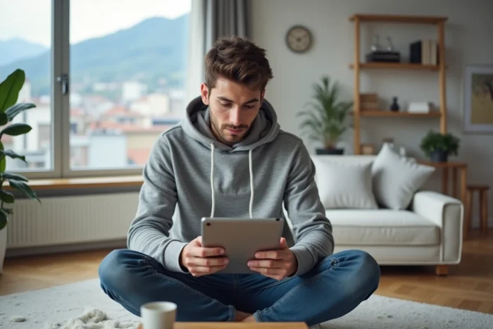 Jeune homme consultant un guide de dépannage webmail sur tablette dans un appartement moderne à Grenoble