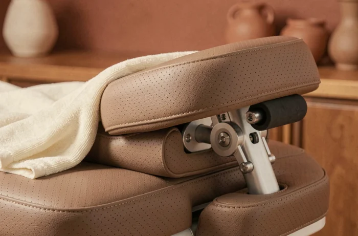Détail de l'appui-tête et du rembourrage en cuir vegan d'une table de massage portable haut de gamme avec drapé en microfibre