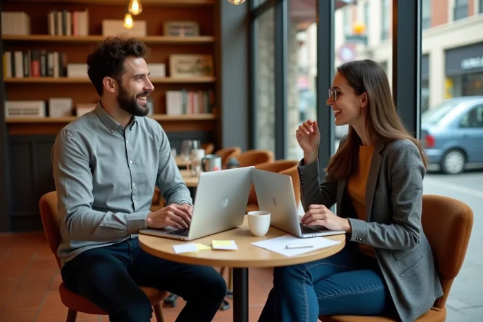 Deux entrepreneurs discutant de leur stratégie de business en ligne autour d'ordinateurs portables et de notes dans un café chaleureux