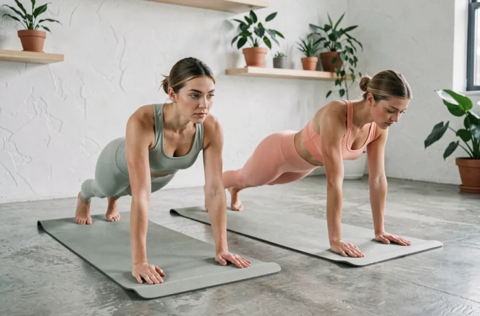 Deux femmes en tenue de sport pastel faisant des planches dans un studio de yoga minimaliste avec murs blancs et plantes vertes