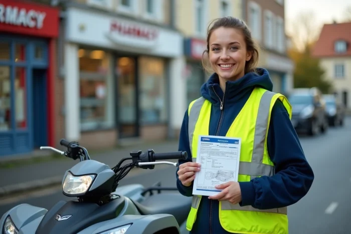 Femme tenant un permis de conduire et une carte grise à côté d'un quad T3B dans une rue commerçante française