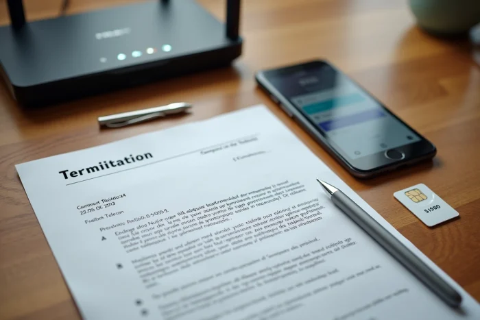 Lettre de résiliation Freebox, smartphone et routeur posés sur un bureau