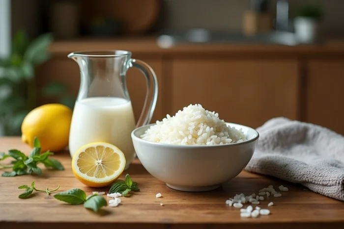 Eau de riz dans une carafe en verre avec riz cru et citron sur une table en bois
