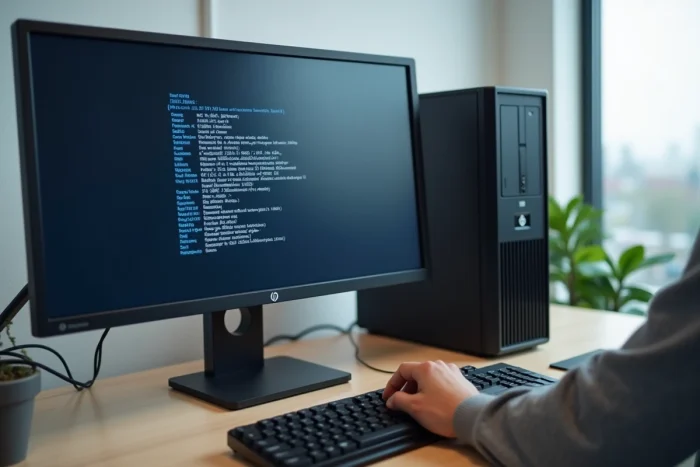 Écran BIOS HP affiché sur un moniteur de bureau avec clavier mécanique et interface Legacy Boot