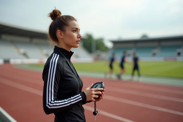 Jeune femme entraîneur athlétisme sur une piste d'athlétisme extérieure avec chronomètre lors d'une séance d'entraînement