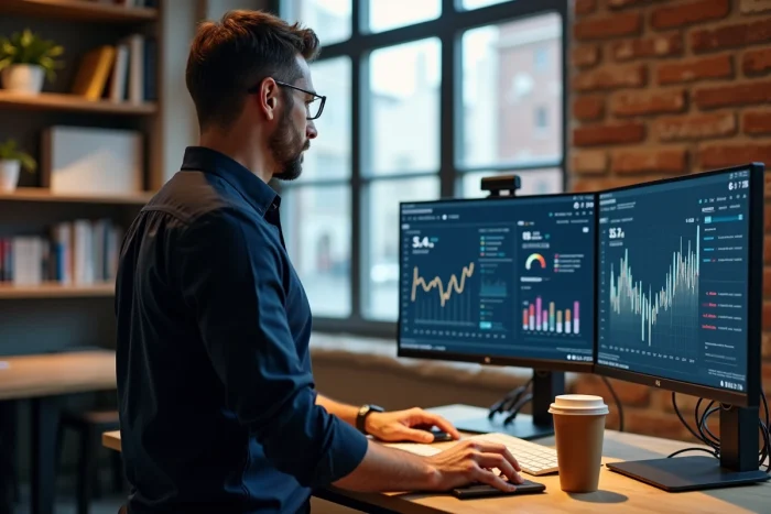 Entrepreneur analysant des statistiques de croissance sur deux écrans dans son bureau à domicile