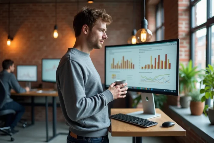 Jeune entrepreneur masculin analysant des statistiques de business en ligne sur un grand écran dans un espace de co-working moderne