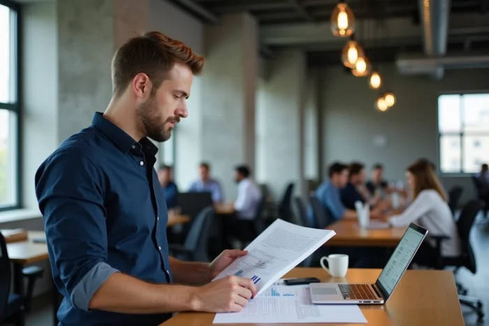 Jeune entrepreneur masculin debout à son bureau dans un espace de coworking moderne, analysant un plan d'affaires imprimé pour son projet en ligne
