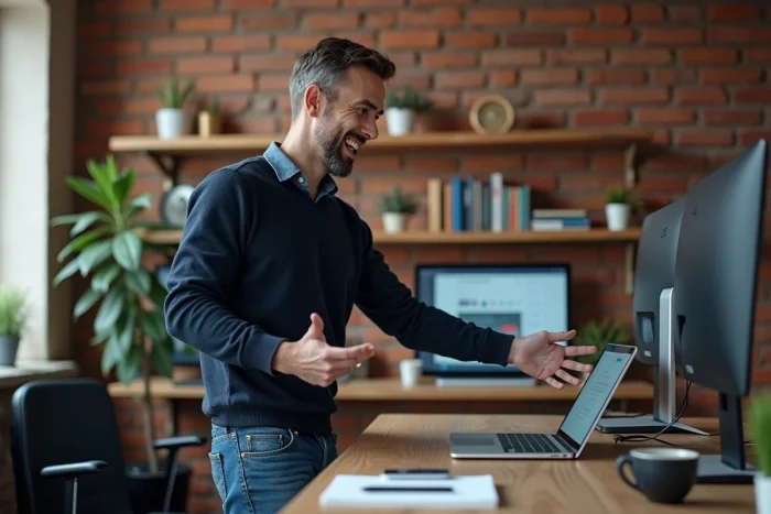Entrepreneur masculin travaillant sur une solution web dans un bureau à domicile moderne et minimaliste