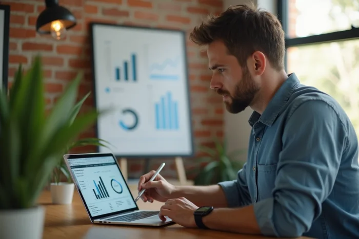 Chef d'entreprise consultant un tableau de bord numérique sur tablette dans un bureau minimaliste pour suivre les indicateurs de performance