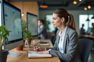 Entrepreneuse utilisant un tableau de bord numérique dans un espace de co-working moderne pour gérer son activité