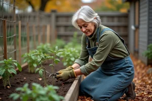 Femme jardinière en tablier qui taille les plants de tomates dans un potager surélevé en automne