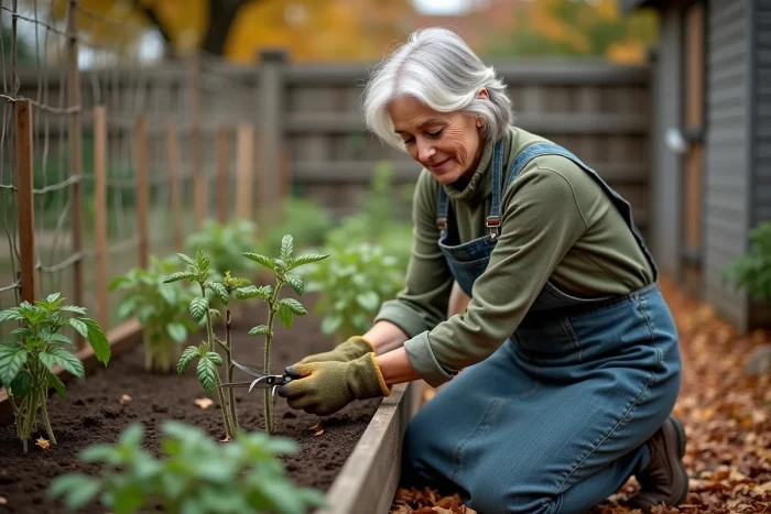 Femme jardinière en tablier qui taille les plants de tomates dans un potager surélevé en automne