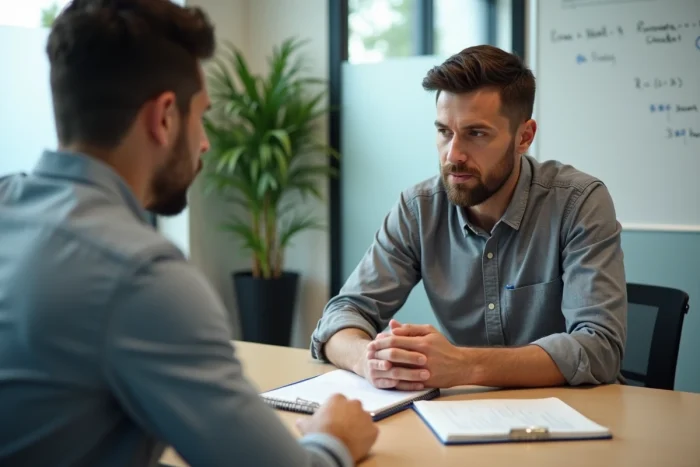 Superviseur et stagiaire discutant de l'évaluation de stage autour d'une table de réunion