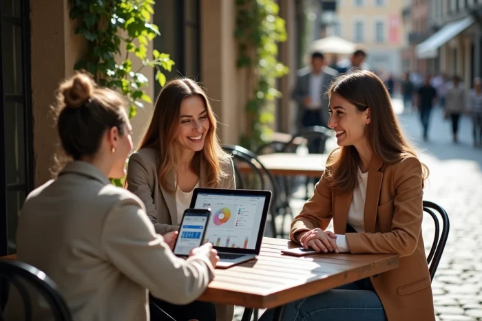Équipe de professionnels collaborant sur des stratégies de marketing digital autour d'une table de café en terrasse urbaine