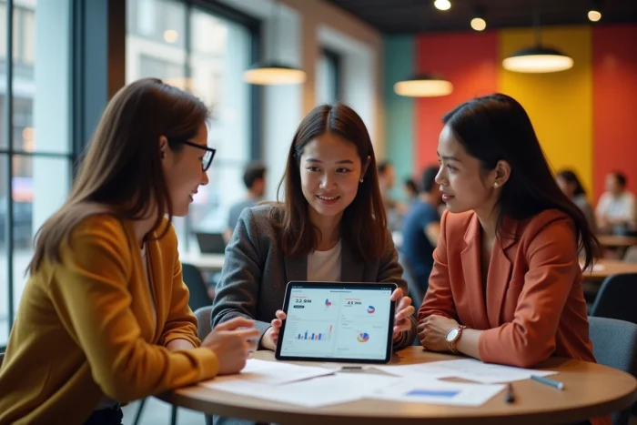 Équipe de professionnels collaborant sur des stratégies de présence en ligne dans un espace de coworking