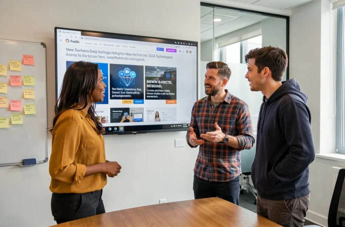 Groupe de collègues discutant des nouvelles tendances technologiques du web en 2024 devant un grand écran en salle de réunion