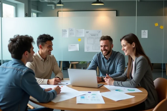 Équipe d'entrepreneurs collaborant autour d'une table sur des services de développement d'activité