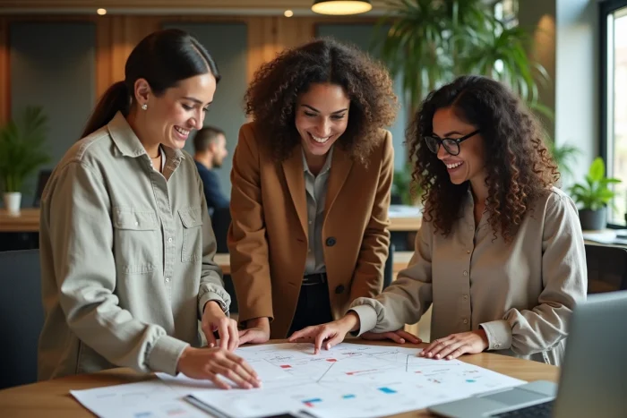 Équipe multiculturelle développant une culture d'initiative collective autour d'une feuille de route stratégique dans un espace de coworking