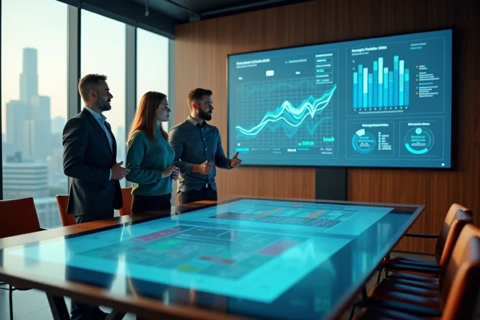 Équipe professionnelle analysant des solutions informatiques sur une table tactile interactive lors d'une réunion de stratégie d'entreprise