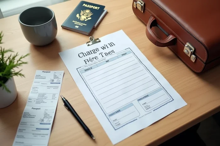 Étiquette valise PDF imprimée posée sur un bureau avec passeport et billets d'avion