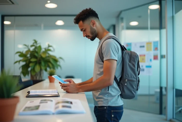 Étudiant consultant un portail numérique et une brochure papier au bureau des services universitaires