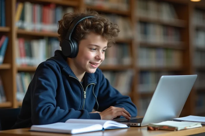 Étudiant téléchargeant de la musique MP3 depuis YouTube sur un ordinateur portable dans une bibliothèque