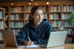 Étudiante comparant deux plateformes universitaires en ligne sur des ordinateurs portables dans une bibliothèque moderne