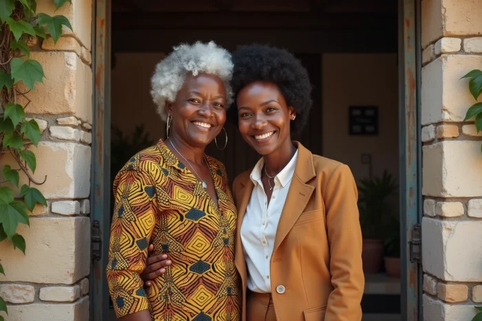 Deux femmes de générations différentes représentant un héritage biculturel africain et européen devant une maison en pierre