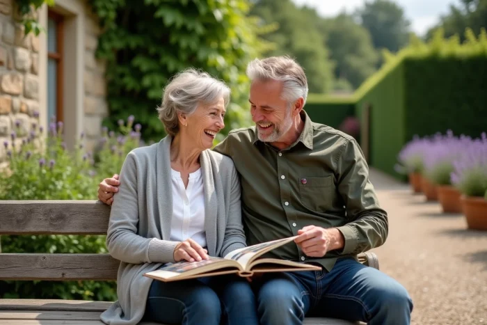 Un homme et une femme plus âgée regardent ensemble un album photo de famille dans un jardin provençal