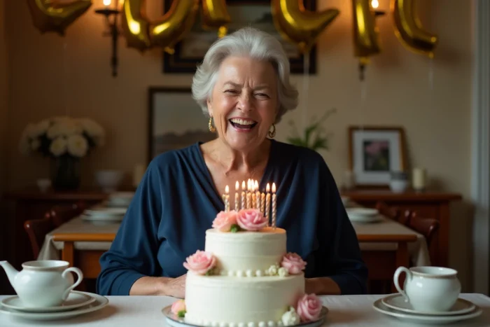 Femme de 60 ans soufflant les bougies de son gâteau d'anniversaire entouré de fleurs et ballons dorés dans une salle à manger décorée