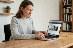 Femme consultant les dernières actualités technologiques sur un laptop dans un bureau moderne en 2024