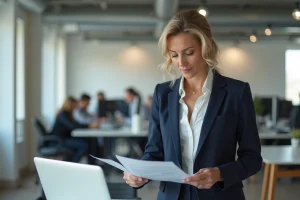 Femme cadre en blazer marine consultant des rapports et un ordinateur portable dans un bureau moderne pour optimiser la gestion d'entreprise