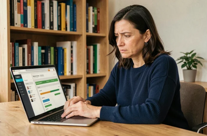 Femme en télétravail comparant des formations en ligne sur son ordinateur portable dans un bureau à domicile bien organisé