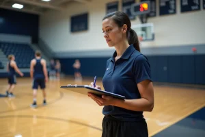 Femme coach sportive tenant un clipboard au bord d'un terrain de basketball intérieur lors d'une séance d'entraînement professionnelle