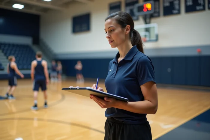 Femme coach sportive tenant un clipboard au bord d'un terrain de basketball intérieur lors d'une séance d'entraînement professionnelle