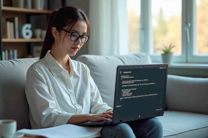 Jeune femme consultant un guide imprimé pour configurer le mode Legacy dans le BIOS d'un ordinateur HP