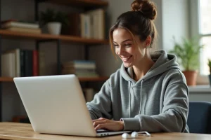 Jeune femme utilisant un convertisseur YouTube MP3 sur son ordinateur portable dans un bureau à domicile