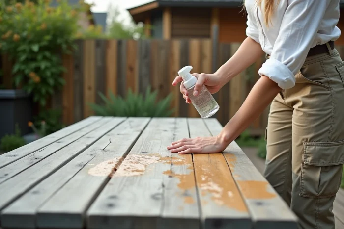 Femme inspectant le résultat d'un dégriseur appliqué sur une grande table de jardin en bois grisé, avec une bouteille de produit à la main sur une terrasse extérieure