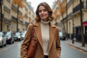 Femme élégante en manteau camel marchant dans une rue parisienne pavée en automne, style mode tendance au quotidien
