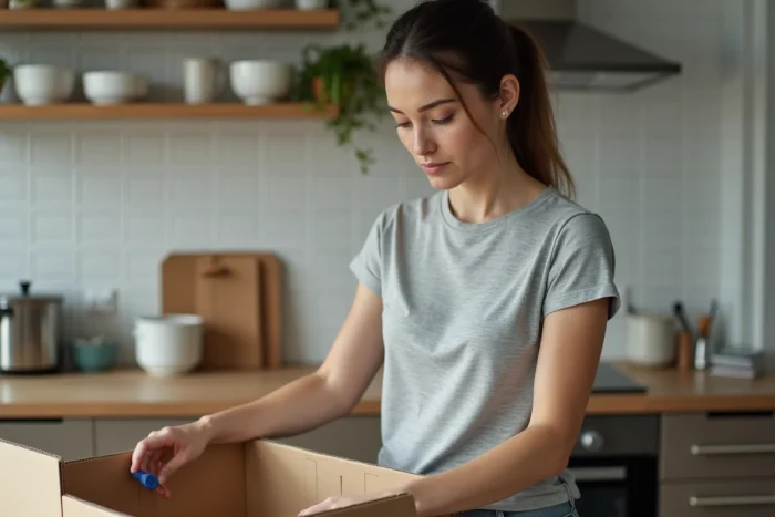 Femme emballant des affaires de cuisine dans des cartons de déménagement Gifi dans un appartement moderne