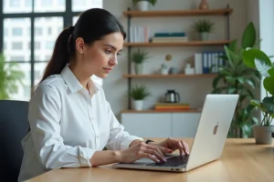 Femme entrepreneur travaillant sur son business en ligne depuis un bureau à domicile moderne avec un laptop affichant un tableau de bord e-commerce