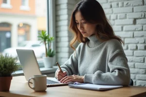 Jeune femme entrepreneure travaillant sur son ordinateur portable dans un bureau à domicile minimaliste, prenant des notes pour lancer son business en ligne