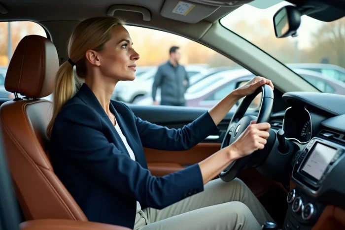 Femme au volant d'une voiture d'occasion en train d'évaluer l'intérieur du véhicule