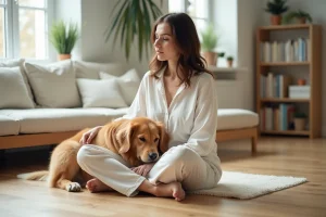Femme assise sur le sol avec son golden retriever, illustrant le lien entre propriétaire et chien pour le choix d'une mutuelle santé animale