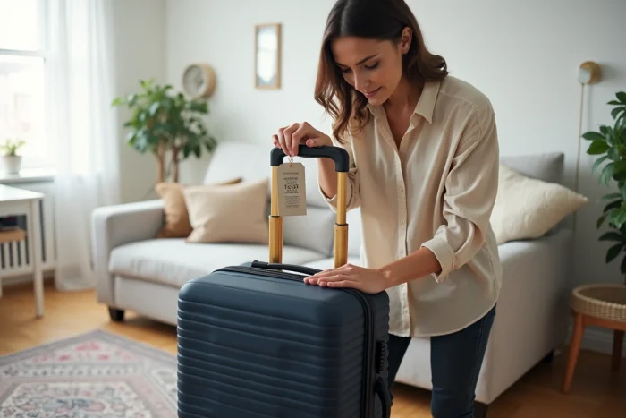 Femme attachant une étiquette valise imprimée sur un bagage bleu marine avant un voyage