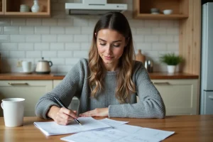 Femme gérant son budget personnel avec des notes manuscrites et des reçus sur une table en bois dans une cuisine moderne