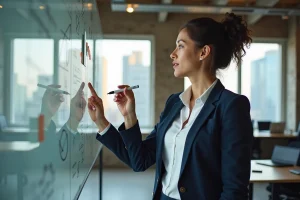 Femme professionnelle développant son esprit d'initiative devant un tableau de planification stratégique dans un bureau moderne