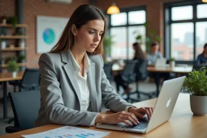 Femme professionnelle analysant des tableaux de bord de marketing digital sur un ordinateur portable dans un bureau moderne